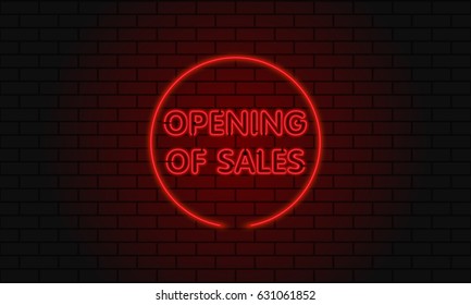 Neon sign open sale in a circle on brick wall background.