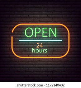 Neon sign open shop 24 7 neon light sign vector illustration. Electric glow lamp night glowing bright symbol. Bar store illuminated arrow entrance with neon letters.