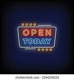 neon sign open today with brick wall background vector illustration