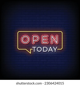 Neon Sign open today with brick wall background vector