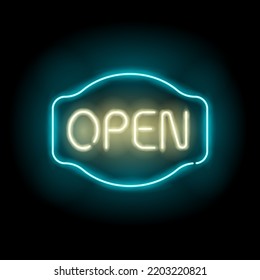 Neon sign open. Vector illustration. Text "open" in neon style. Neon realistic glowing. Sign for bar, store, shopping market, wall. Light banner design element. Open logo. Dark background. Bright sign