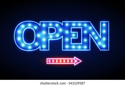 Neon sign open. Vintage electric signboard