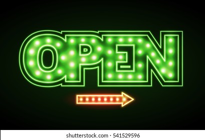 Neon sign open. Vintage electric signboard