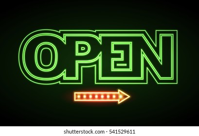 Neon sign open. Vintage electric signboard