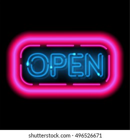 Neon sign Openly. The shining frame in a retro style with illumination lamps. Information billboard. Vector illustration.
