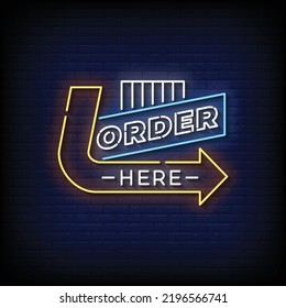 Neon Sign order here with Brick Wall Background vector