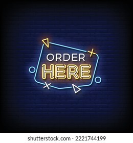 Neon Sign order here with brick wall background vector