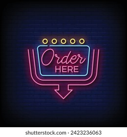 Neon Sign order here with brick wall background vector