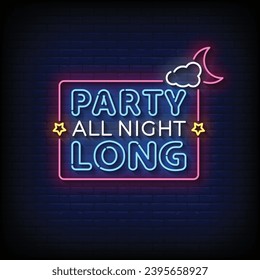 Neon Sign party all night long with brick wall background vector