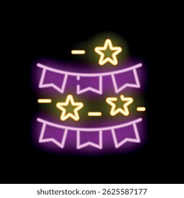 Neon sign of a party garland with flags and stars, glowing on a black background