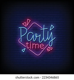 Neon Sign party time with brick wall background vector