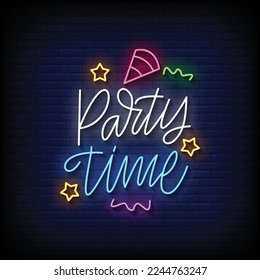 neon sign party time with brick wall background vector illustration