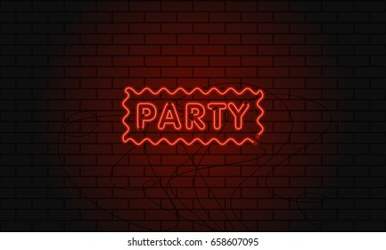 Neon sign party in wave area on brick wall background.