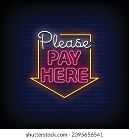 Neon Sign pay here with brick wall background vector