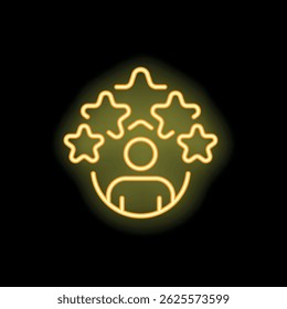 Neon sign of a person with five stars surrounding them, representing positive feedback and customer satisfaction