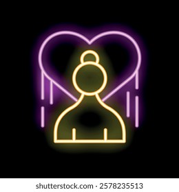 Neon sign of a person with a heart above its head, representing love, affection and good feelings