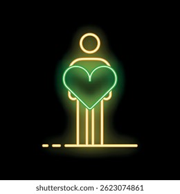 Neon sign of a person holding a big green heart on a black background