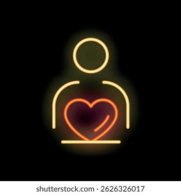 Neon sign of person holding a heart, symbolizing love, compassion, and empathy