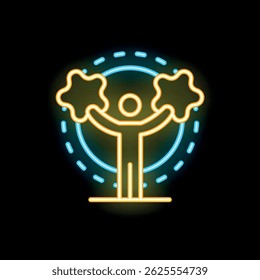 Neon sign of a person holding two stars, celebrating a success, a victory or a great achievement