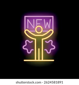 Neon sign of a person holding a sign with the word new written on it, with two stars on each side