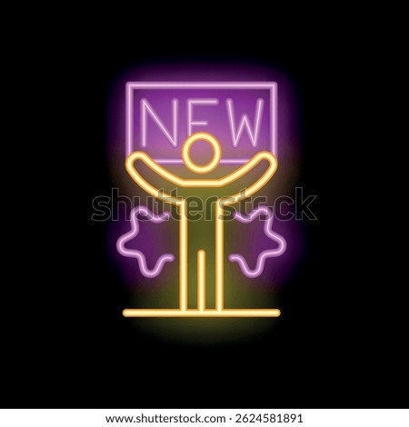 Neon sign of a person holding a sign with the word new written on it, with two stars on each side