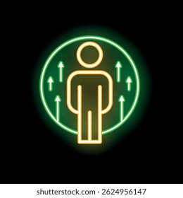 Neon sign of a person standing inside a circle, with multiple green arrows pointing up around them, representing growth and opportunity