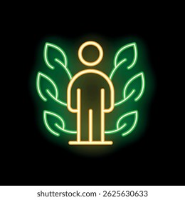 Neon sign of a person standing surrounded by leaves, symbolizing the importance of nature, ecology, and environmental protection