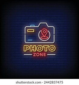 Neon Sign photo zone with brick wall background vector