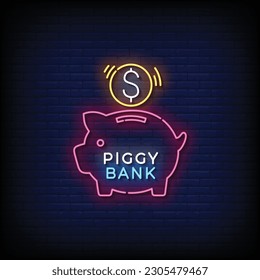 Neon Sign piggy bank with brick wall background vector