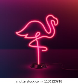 Neon sign with pink flamingo, illuminating one line bird in realistic style. Night lantern for interior or for bar emblem