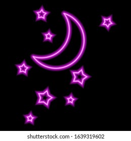 Neon Sign Of Pink Moon And Stars On Black Background