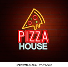 Neon sign of pizza house, bright signboard, light banner. Pizza house logo, emblem and symbol. Vector illustration.