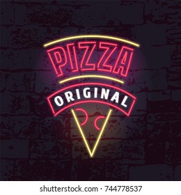 Neon sign for pizza restaurant vector logo, icon. Design element with bright neon electric lights can be used as emblem for pizza delivery