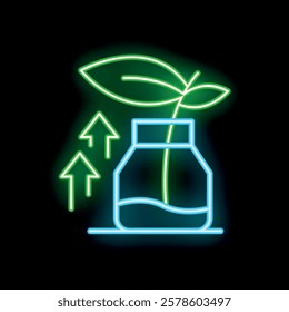 Neon sign of a plant growing in a jar with up arrows, representing growth, finance, and business concepts