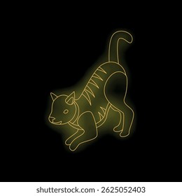 Neon sign of a playful cat arching its back and preparing to pounce, glowing brightly against a dark background