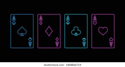 Neon sign of playing aces cards on the black background. Concept of poker, casino and gambling. Vector illustration.