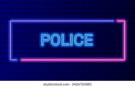 Neon sign police in speech bubble frame on brick wall background vector. Light banner on the wall background. Police office button cops and crime, design template, night neon signboard