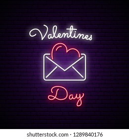 Neon sign, postcard and text on dark brick wall. Design template for Happy Valentines Day. Vector greeting card.