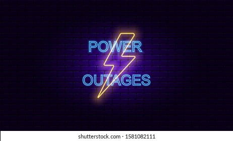 Neon sign "power outage" with lightning sign on purple brick wall background, vector illustration