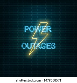 Neon sign "Power Outages" on brick wall background, vector illustration