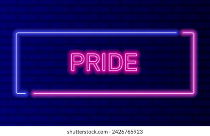 Neon sign pride in speech bubble frame on brick wall background vector. Light banner on the wall background. Pride button free love, design template, night neon signboard