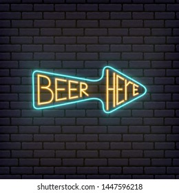 Neon sign for pub, bar. Bright banner on brick wall. Neon Poster to oktoberfest festival. Pointer - Beer here. Retro wave Style. Vintage vector  illustration for invitation to party.  Trendy design.