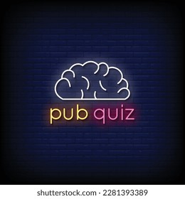 Neon Sign pub quiz with brick wall background vector