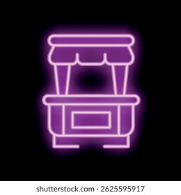 Neon sign of a purple glowing market stall on a black background, perfect for any project needing a retro, eye catching sign