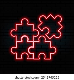 Neon sign puzzle. Abstract puzzle symbol. Isolated glowing blue outline puzzle on dark background for design template. Vector icon. Puzzle icon. 3d vector. Line art..
