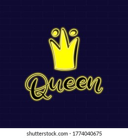 Neon sign Queen with lettering and crown on dark background vector illustration. Logo design template. Light banner, glowing neon signboard for advertising.