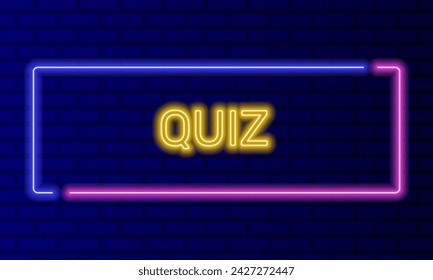 Neon-Zeichen-Quiz in Sprechblasen-Rahmen auf Backsteinwand-Hintergrundvektor. Lichtbanner auf dem Wandhintergrund. Quiz-Button trivia Nachtfragen, Design-Vorlage, Nacht-Neon-Schild