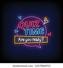 Neon Sign quiz time with brick wall background vector