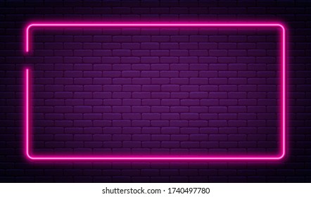 Neon sign in rectangle shape. Bright neon light, illuminated rectangle frame. Glowing purple neon tube on dark background. Signboard or banner template in 80s and 90s style. Vector