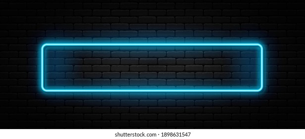 Neon Sign In Rectangle Shape. Bright Neon Light, Illuminated Rectangle Frame. Glowing Blue Neon Tube On Dark Background. Signboard Or Banner Template In 80s And 90s Style. Vector